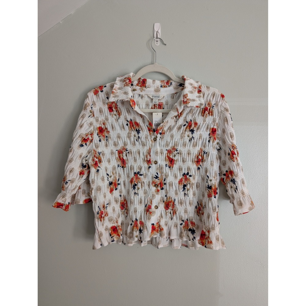 Maeve Smocked Blouse Women L White Floral NWT Anthropologie Ruffle Boho Cottage